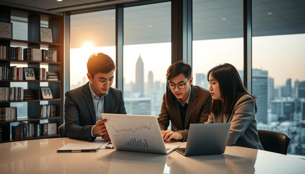A sleek, modern office setting with large windows overlooking a bustling city skyline. Three young, professional-looking Japanese individuals are gathered around a table, intensely examining financial reports and charts on a laptop screen. The lighting is soft and warm, creating a contemplative atmosphere. In the background, there are shelves filled with books and framed financial data visualizations. The group appears focused and engaged, reflecting the latest investment information they are discussing. The scene conveys a sense of forward-thinking innovation and financial acumen.