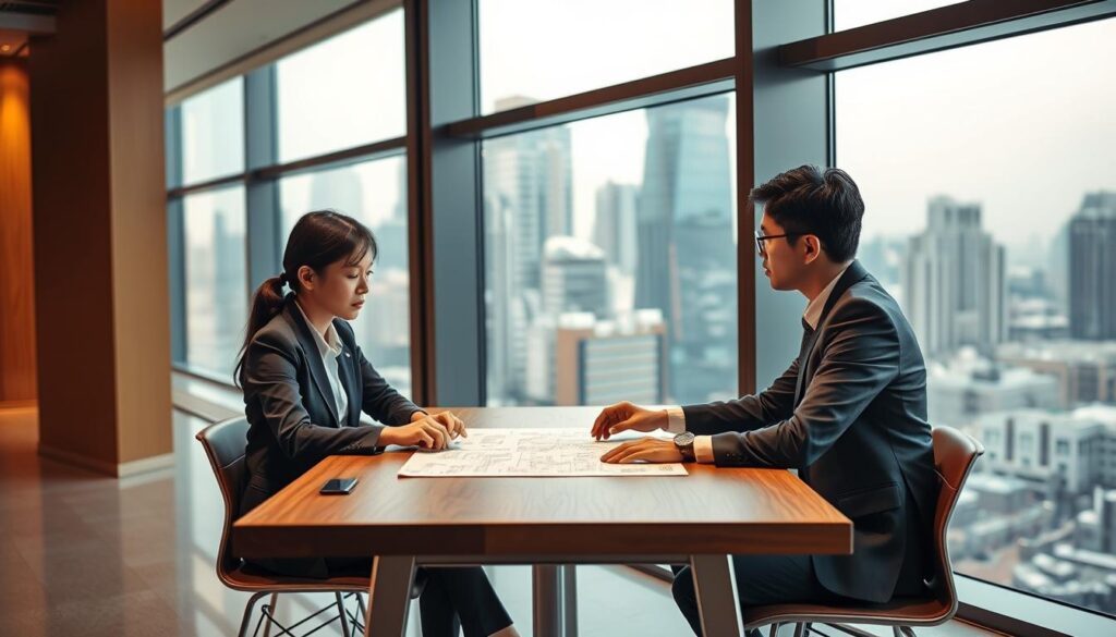 A sleek, modern office setting with large windows overlooking a bustling cityscape. In the foreground, three young Japanese professionals, smartly dressed, engaged in a thoughtful discussion around a stylishly minimal wooden table. Their expressions convey a sense of purpose and determination as they map out their career trajectories, the weight of their decisions visible in their postures. Soft, warm lighting filters in, casting a pensive glow and emphasizing the gravity of the moment. The background blurs slightly, drawing the viewer's focus to the central figures and the importance of their career planning.