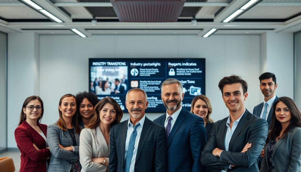 A sleek, modern office setting with strategically positioned individuals representing various industries. The foreground features a diverse group of well-dressed professionals, their expressions conveying determination and focus as they discuss their career transition strategies. The middle ground showcases a digital display highlighting industry-specific insights and job opportunities, while the background maintains a sophisticated, minimalist ambiance with clean lines and subtle lighting. The overall scene radiates a sense of purposeful decision-making and a measured approach to navigating the 45-year-old's successful career change.