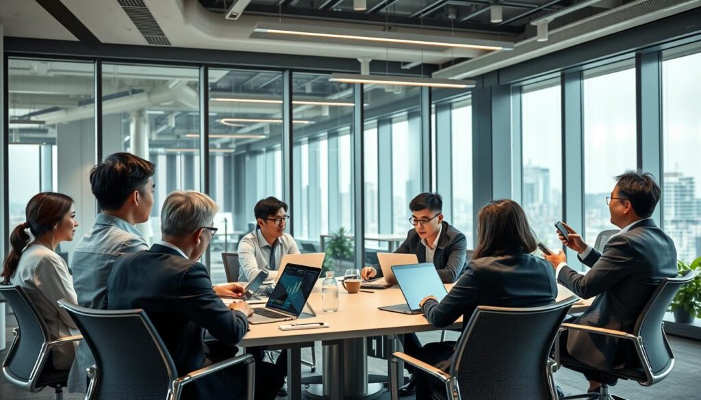 A sleek, modern office setting with young, Japanese-looking professionals engaged in various training and educational activities. In the foreground, a group of consultants sit around a conference table, deeply immersed in lively discussions and presentations on their laptops. The middle ground features a stylish training room with large windows, allowing natural light to flood the space and create a bright, energetic atmosphere. In the background, glimpses of the city skyline can be seen through the windows, hinting at the global and cosmopolitan nature of the consulting firm. The overall scene conveys a sense of rigor, innovation, and professional development within the high-stakes world of international management consulting.