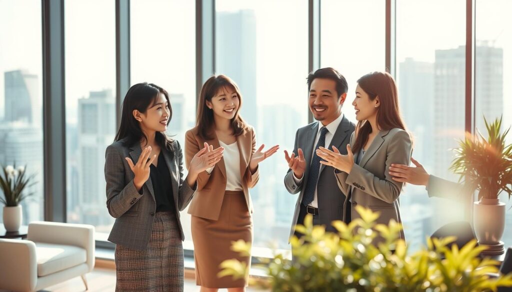 A sleek, professional-looking office setting with large windows overlooking a modern cityscape. In the foreground, three young, well-dressed Japanese professionals, two women and one man, are engaged in a lively discussion, gesturing animatedly. Their expressions convey a sense of confidence and competence. The lighting is warm and natural, creating a sense of energy and productivity. The background features minimalist, high-end furnishings and decor, reflecting the sophisticated, global corporate environment. The overall atmosphere evokes the idea of successful careers in an international, English-speaking workplace.