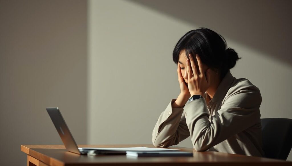 A somber scene of a young Japanese professional sitting at a desk, head in their hands, grappling with the difficult decision to decline a job offer. Soft, natural lighting casts a pensive atmosphere, as the subject contemplates the weight of their choice. The background is minimalist, allowing the emotional turmoil to take center stage. Subtle textures and muted tones convey the gravity of the situation, while the subject's body language reflects the internal conflict. This image captures the essential elements of "内定承諾後の辞退" - the bittersweet moment of having to respectfully decline an opportunity after initial acceptance.
