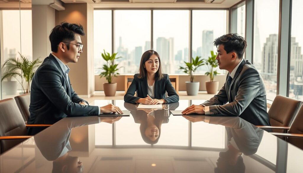 A sophisticated business negotiation strategy unfolds in a sleek, modern office setting. In the foreground, two young Japanese-looking professionals sit across a polished conference table, engaged in an intense discussion. Soft, warm lighting illuminates their focused expressions, conveying a sense of careful deliberation. The middle ground features a stylish, minimalist decor - clean lines, muted tones, and strategically placed potted plants create an atmosphere of professionalism and success. In the background, floor-to-ceiling windows offer a view of a bustling cityscape, hinting at the high-stakes nature of the negotiations. The overall scene exudes a palpable air of confidence, competence, and the successful resolution of a complex business challenge.