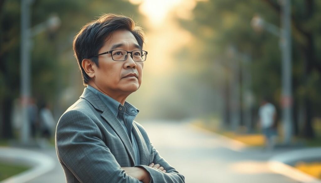 A thoughtful Japanese professional in their 40s stands at a crossroads, contemplating a strategic career transition. They are bathed in warm, natural lighting, their expression resolute yet pensive. The background is blurred, drawing the viewer's focus to the subject's face and body language, which convey a sense of determination and preparedness for a new chapter. The image evokes the value of a well-planned, independent career move as a means of growth and self-actualization.