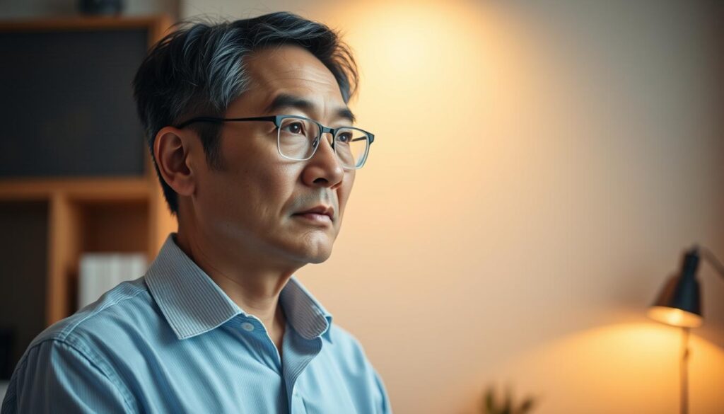 A thoughtful middle-aged Japanese man, his expression contemplative, stands in a softly lit, minimalist office setting. Warm task lighting illuminates his face, casting subtle shadows that suggest a turning point in his career journey. His gaze is directed inward, reflecting on the challenges and opportunities that lie ahead as he considers his next professional chapter. The scene conveys a sense of focused determination, tempered by an openness to growth and change - the quintessential mindset of a 45-year-old seeking a fulfilling career transition.
