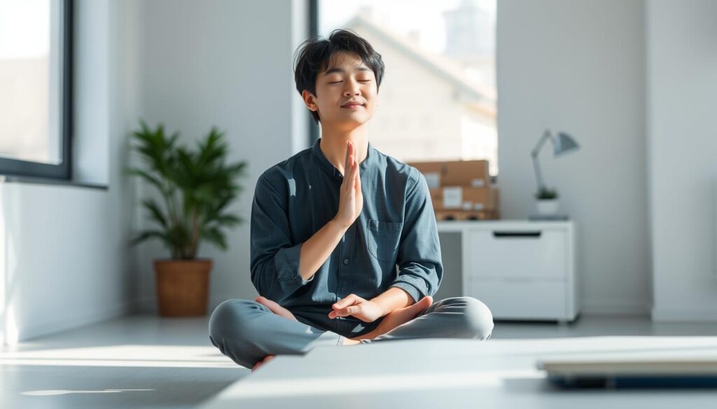 A thoughtful self-analysis by a young Japanese professional against a serene, minimalist backdrop. Diffused natural lighting filters through large windows, casting a soft, contemplative glow. The subject sits cross-legged, eyes closed, fingers pressed together in a meditative pose. Their expression is one of deep introspection, as they navigate the path towards a fulfilling career in manufacturing or logistics. Subtle details, such as a sleek, modern desk and sparse decor, create a sense of focused clarity. The overall mood is one of quiet determination and self-discovery, underscoring the importance of this crucial step towards a successful job transition.