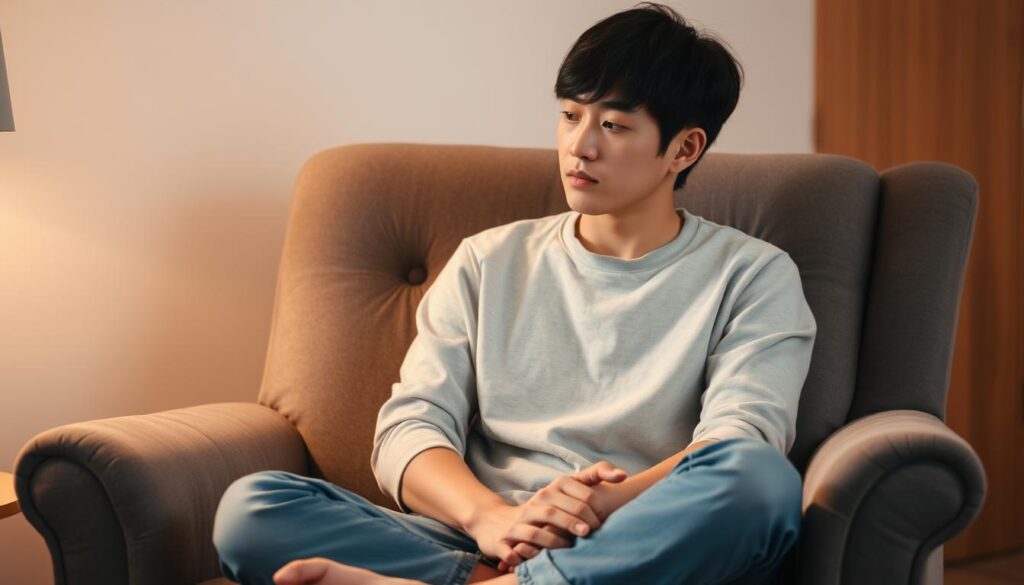 A thoughtful young Japanese person sitting cross-legged on a plush gray armchair, lost in introspection. Warm, diffused lighting creates a tranquil, contemplative atmosphere. The figure's features are softly defined, their expression serene yet pensive. The background is blurred, drawing the viewer's focus to the central subject's inward-looking pose. The scene conveys a sense of emotional well-being and self-care, reflecting the challenges of the freelance lifestyle.