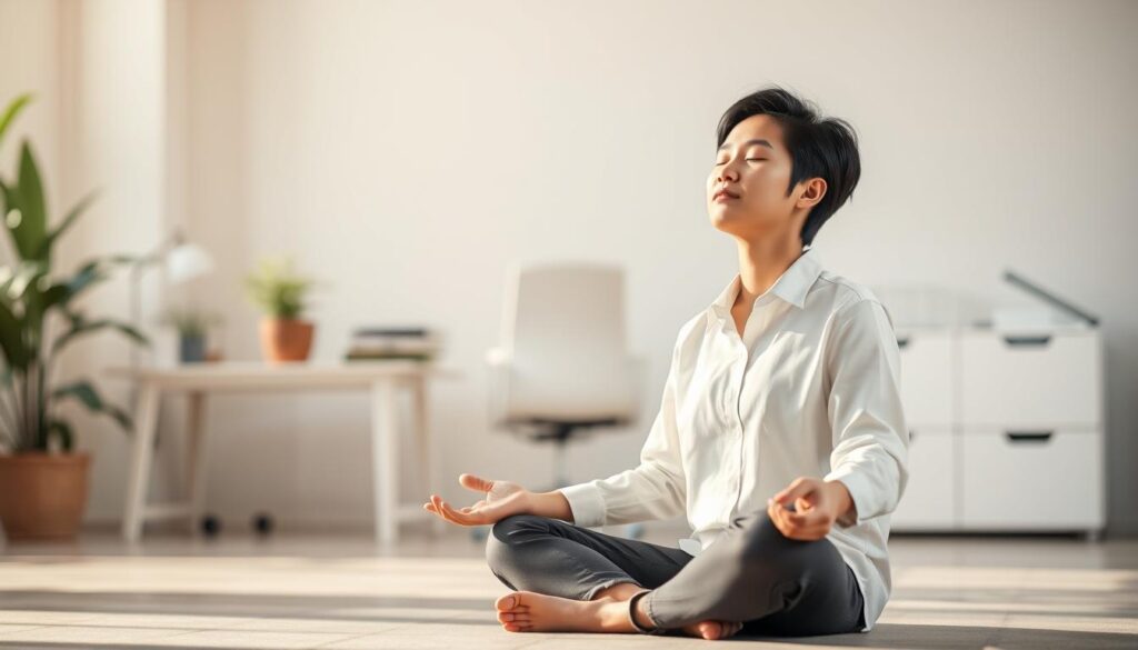 A tranquil office setting, bathed in soft, natural lighting. In the foreground, a young Japanese-looking professional sits cross-legged on the floor, eyes closed in deep meditation. The middle ground features a potted plant and a neatly organized desk, conveying a sense of order and calm. The background blurs into a hazy, soothing atmosphere, evoking a serene, therapeutic ambiance. The subject's expression is one of deep focus and introspection, reflecting the mental well-being and resilience needed during a career transition. The scene exudes a balanced, harmonious energy, visually capturing the essence of "mental care" during a job search.