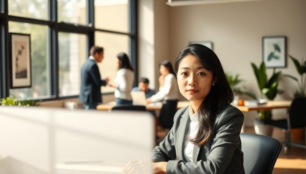 A tranquil office setting, bathed in warm, natural lighting that filters through large windows. In the foreground, a young Japanese-looking professional sits at a desk, their focused expression conveying a sense of diligent adaptation to their new role. The middle ground showcases a team of colleagues engaged in collaborative discussions, their body language suggesting a welcoming, supportive environment. In the background, subtle details like framed artwork and potted plants create a calming, inviting atmosphere, reflecting the gradual process of integrating into a new workplace. The overall scene conveys the nuanced experience of the adaptation period following a career change.