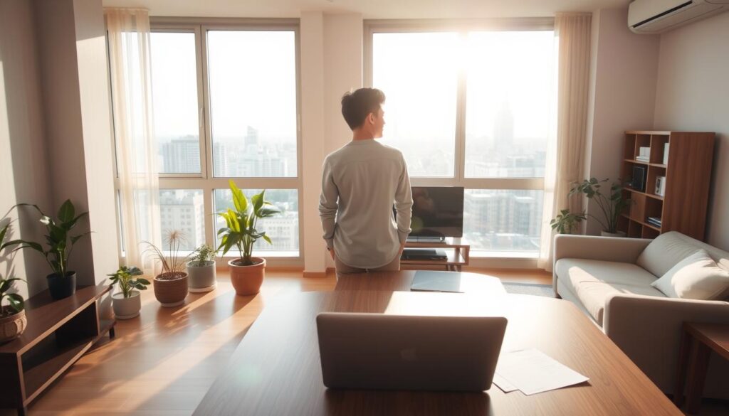 A tranquil scene of a modern Japanese apartment, bathed in warm natural light. In the foreground, a young professional stands by the window, gazing out contemplatively. On the table before them, a laptop and paperwork, symbolic of their successful career transition. The middle ground showcases a neatly organized living space, with potted plants and minimalist decor hinting at a balanced lifestyle. In the background, the cityscape beyond the window suggests the thriving urban setting of their new home. The overall atmosphere conveys a sense of accomplishment, serenity, and the rewards of a thoughtful Uターン or Iターン move.