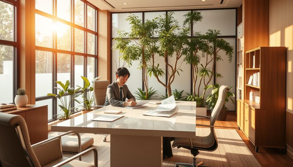 A tranquil scene of a well-appointed office, bathed in warm, natural light filtering through large windows. At the center, a young Japanese professional sits at a sleek, minimalist desk, meticulously reviewing financial statements and business plans. The space exudes an aura of stability and focus, with elegant furnishings and a serene, contemplative atmosphere. In the background, a lush indoor garden provides a calming, natural backdrop, hinting at the harmonious balance between work and well-being that underpins this stable business model. The overall impression is one of quiet confidence, strategic planning, and a steady, sustainable path to success.