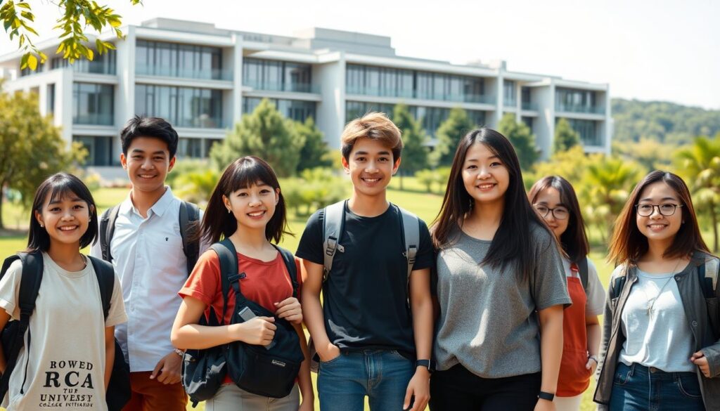 A university campus scene, showcasing the potential of college transfer opportunities. In the foreground, a group of young, Japanese-looking students stand confidently, their expressions conveying a sense of determination and excitement. The middle ground features a modern, well-equipped academic building, its architecture blending traditional and contemporary elements. In the background, a lush, verdant landscape sets the stage, hinting at the tranquil and nurturing environment of the educational institution. The lighting is natural and warm, casting a soft glow over the scene, evoking a sense of hope and new beginnings. The overall mood is one of optimism and growth, reflecting the possibilities that lie ahead for those considering university transfer.