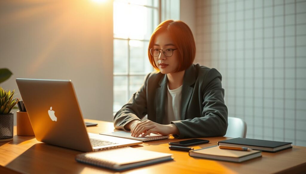 A vibrant and minimalist workspace comes into focus, bathed in warm, natural light. At the center, a young Japanese professional sits focused, surrounded by a sleek laptop, a tactile notebook, and an array of digital and analog tools - the essential resources for their freelance journey. The background features a subtle grid-like pattern, conveying a sense of structure and organization amidst the creative process. The overall atmosphere is one of focused productivity, with a touch of modern elegance, reflecting the versatility and adaptability required for a successful freelance transition.