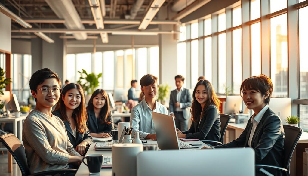 A vibrant office setting, bathed in warm natural light from large windows. In the foreground, a group of young, professional-looking Japanese individuals - some sitting at desks, others standing and conversing. Their expressions convey a sense of focus and engagement. In the middle ground, various office equipment and decor elements create a dynamic, modern atmosphere. The background features sleek, minimalist architecture with clean lines and muted colors, suggesting an innovative, forward-thinking industry. The overall scene exudes a mood of productivity, collaboration, and career growth - capturing the essence of industries well-suited for those seeking a change from education or public service roles.