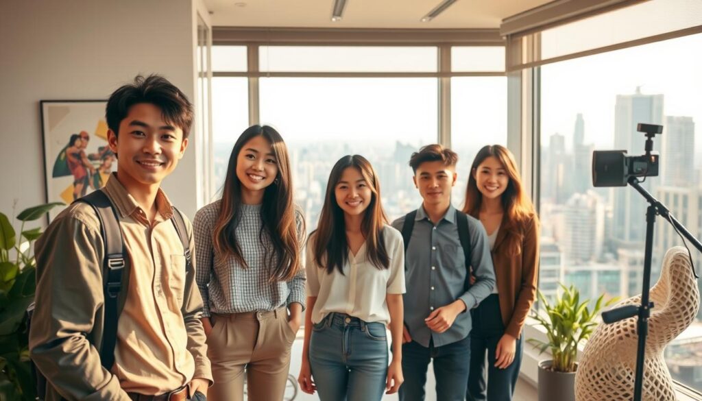 A vibrant, photorealistic scene depicting the benefits of transitioning to a freelance career. In the foreground, a group of young, Japanese-looking professionals stand confidently, their expressions conveying a sense of freedom and autonomy. They are dressed in casual, stylish attire, symbolizing the flexibility and work-life balance of freelance work. The middle ground showcases a modern, well-appointed home office, with a large window overlooking a bustling city skyline, hinting at the increased control and independence that comes with being one's own boss. The background is bathed in warm, natural lighting, creating an atmosphere of positivity and optimism that embodies the opportunities and personal growth associated with a freelance lifestyle.