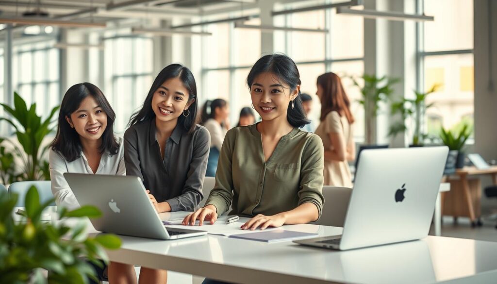 A vibrant, realistic office setting showcasing the empowerment of young Japanese women in the workforce. In the foreground, three diverse female colleagues collaborate at a sleek, minimalist desk, their expressions focused and determined. Soft natural lighting from large windows creates a warm, productive atmosphere. In the middle ground, a group of women engage in animated discussions, their body language conveying confidence and camaraderie. The background depicts an open, airy workspace with potted plants and modern furnishings, hinting at a progressive, employee-centric work culture. The scene conveys a sense of progress, growth, and the growing influence of women in the Japanese professional landscape.