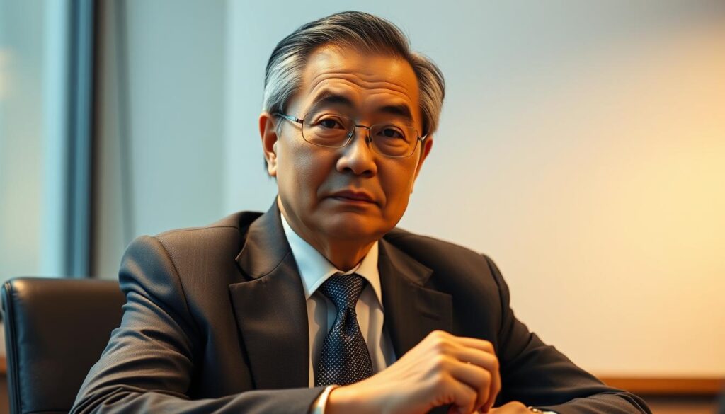 A well-dressed 45-year-old Japanese man, with a serious yet confident expression, sitting at a desk during a job interview. The lighting is warm and directional, casting subtle shadows that accentuate his features. The background is blurred, focusing the viewer's attention on the interviewee. His posture is upright, conveying professionalism and experience. The scene evokes a sense of determination and the individual's desire to overcome age-related concerns and showcase their valuable skills and expertise.