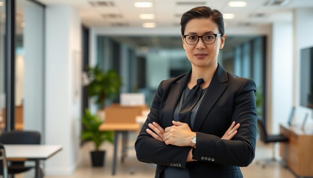 A well-dressed professional standing confidently in a modern, well-lit office setting. They make direct eye contact with the camera, conveying a sense of self-assurance and market value. Subtle hand gestures and a poised posture suggest an articulate, polished self-presentation. The scene exudes a sense of poise, competence, and a strong personal brand, perfectly capturing the essence of "maximizing one's market value through effective self-promotion".