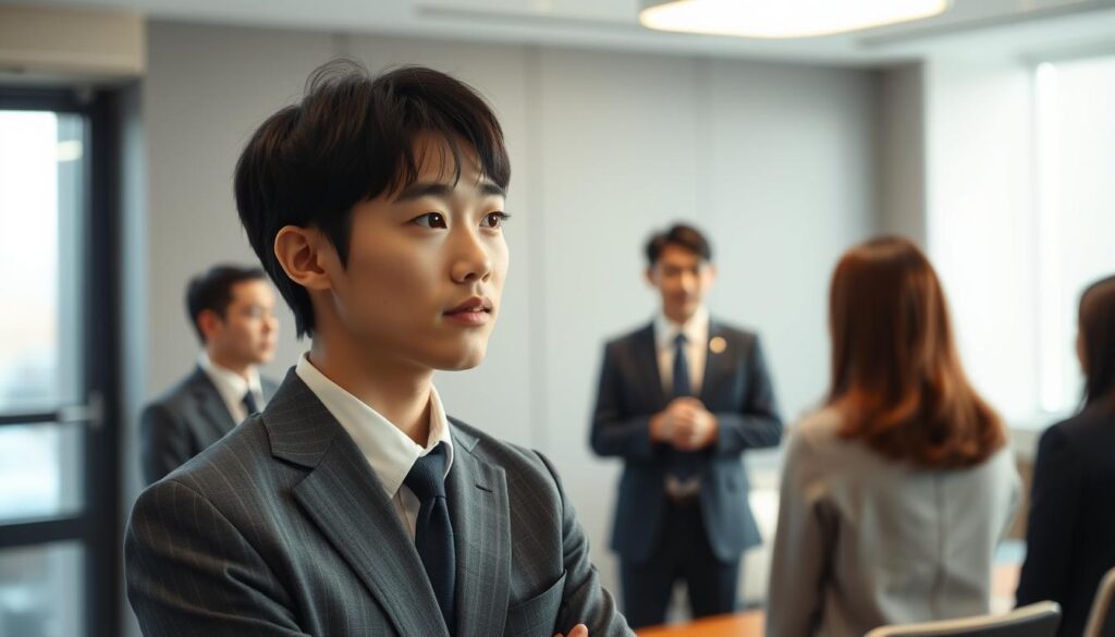 A well-dressed young Japanese professional standing confidently, facing a panel of interviewers in a formal office setting. Soft, directional lighting highlights the applicant's earnest expression as they respond to questions, conveying a sense of preparedness and poise. The background features a minimalist, corporate aesthetic with clean lines and subtle details to maintain focus on the central subject. The overall atmosphere is one of a serious, yet approachable job interview, capturing the essence of "二次試験（面接）の勝ち方" for a public service career transition.