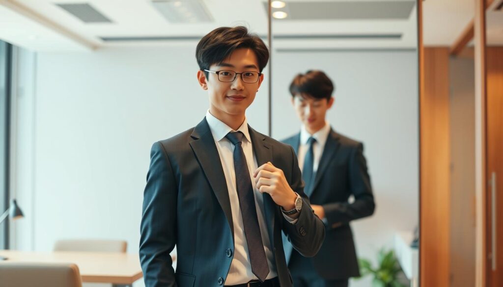 A well-dressed young Japanese professional standing in a modern office, preparing for their first day at a new company. They are checking their attire in a full-length mirror, ensuring their crisp suit and tie are impeccable. The lighting is soft and warm, creating a sense of anticipation and excitement. The background features a stylish, minimalist workspace with clean lines and neutral tones, emphasizing the individual's focus on the transition ahead. The overall mood is one of confidence, determination, and a sense of new beginnings.