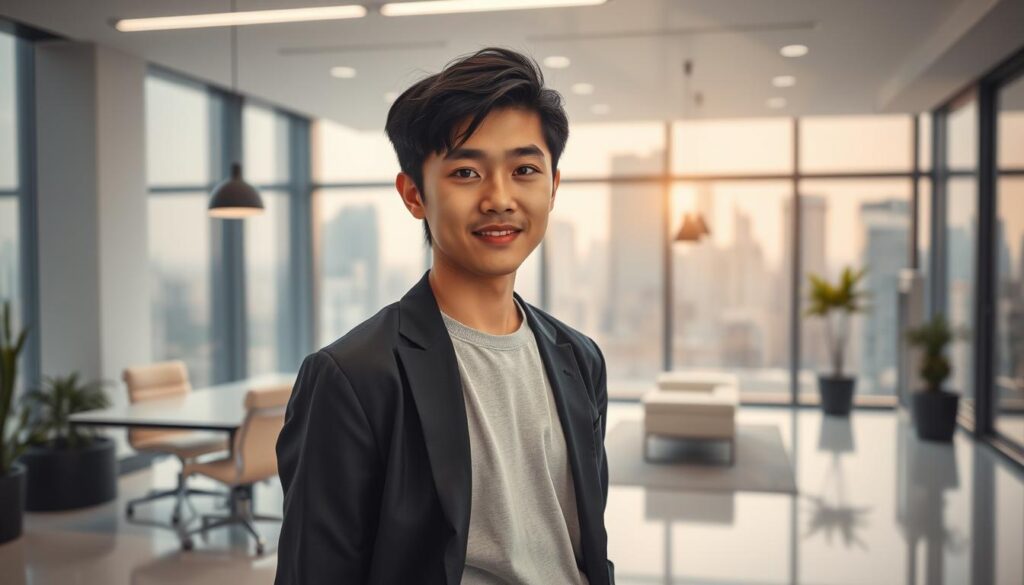 A well-lit and visually stunning scene depicting the success story of a young Japanese freelancer's career transition. In the foreground, a confident individual stands proudly, their neatly groomed black hair and youthful features conveying a sense of accomplishment. In the middle ground, a modern, minimalist office space with sleek furniture and large windows, hinting at the professional environment they have thrived in. The background showcases a bustling city skyline, representing the growth and opportunities that have enabled this individual's freelance journey to flourish. The overall mood is one of inspiration and achievement, capturing the essence of a triumphant career transformation.