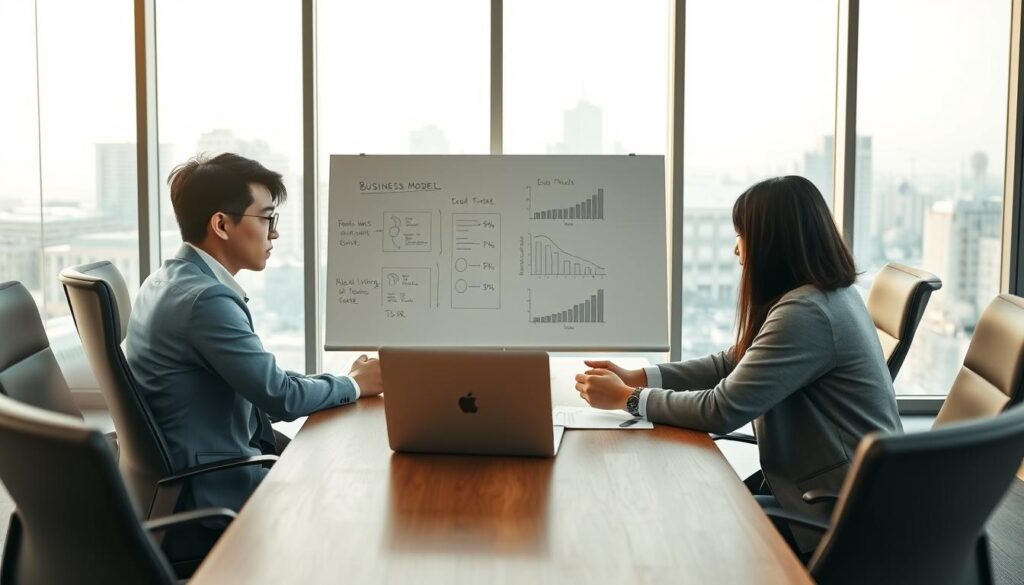 A well-lit business meeting room, with a large wooden conference table and sleek, modern chairs. In the foreground, three young Japanese-looking professionals intently discussing a presentation on a laptop, their faces captured in a realistic photographic style. The middle ground features a whiteboard with hand-drawn business model diagrams and financial charts. In the background, floor-to-ceiling windows offer a scenic cityscape view, bathed in soft, natural lighting. An atmosphere of focused collaboration and strategic analysis pervades the scene.