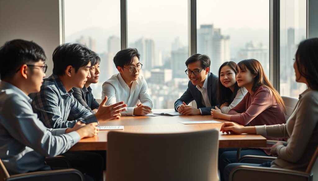 A well-lit, minimalist office setting with a group of young, Japanese-looking professionals sitting around a wooden conference table, engaged in a serious discussion. The foreground features three individuals leaning in, gesturing animatedly as they exchange thoughts. In the middle ground, the others listen intently, their faces reflecting a mix of curiosity and contemplation. The background showcases a large window overlooking a bustling city skyline, bathed in warm, natural lighting that filters through the space. The overall mood is one of thoughtful, collaborative exploration of investment-related questions.