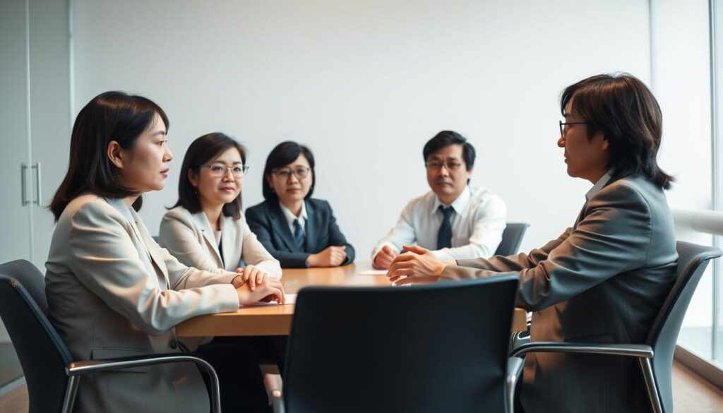 A well-lit office interior with a group of professional Japanese individuals in their 40s, dressed in formal attire, sitting around a conference table and engaged in a thoughtful discussion. The scene conveys a sense of determination and strategic planning, as they navigate the complexities of a successful mid-career transition. Soft, directional lighting illuminates their faces, highlighting their focus and determination. The background is minimalist, with clean lines and a neutral color palette, allowing the subjects to take center stage. The overall atmosphere is one of serious contemplation, underscoring the gravity of the decision to change careers at this stage of life.