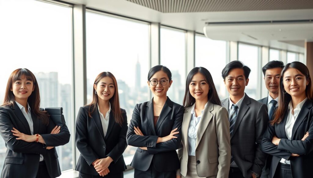 A well-lit office interior with a group of young Japanese-looking professionals standing confidently in the foreground. They are dressed in formal business attire, exuding an air of competence and poise. The background features a large, modern window overlooking a dynamic city skyline, conveying a sense of global connectivity. Crisp, realistic lighting highlights the individuals' features and the sleek, minimalist decor, creating an aspirational, corporate atmosphere. The scene embodies the skills and mindset desired in candidates for high-performing multinational companies.