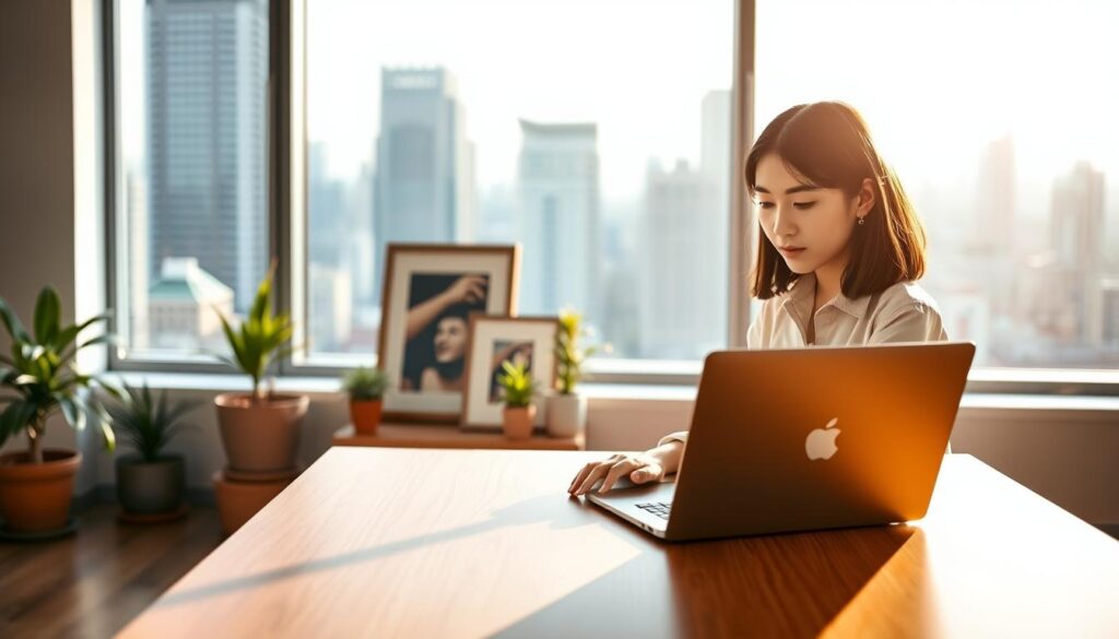 A well-lit office interior with a large window overlooking a bustling city skyline. In the foreground, a young Japanese woman, dressed casually in a blouse and slacks, sits at a sleek wooden desk, intently focused on her laptop. The lighting is warm and natural, casting a soft glow on her features. In the middle ground, a few potted plants and framed artwork add a personal touch to the workspace. The background is blurred, but suggests a modern, minimalist design aesthetic. The overall scene conveys a sense of focus, productivity, and the rewarding aspects of transitioning to a freelance career.
