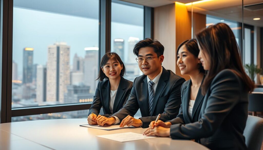 A well-lit office interior, with a large window overlooking a bustling city skyline. Three young, smartly-dressed Japanese professionals, a man and two women, engaged in a lively discussion around a conference table. Their expressions are focused, with a sense of purpose and dedication. The lighting is warm and inviting, creating a professional yet dynamic atmosphere. The room is furnished with modern, minimalist decor, conveying a sense of efficiency and productivity. The overall scene evokes the idea of a career transition into an educational or training-related role, where these individuals are collaborating to shape the development and growth of others.