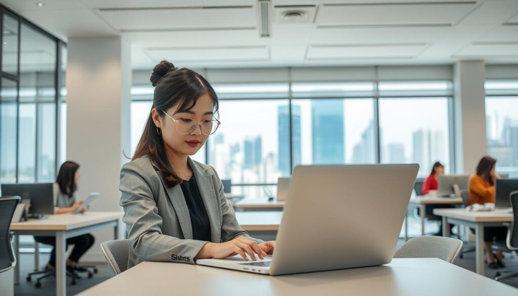 A well-lit office interior with a modern, minimalist design. In the foreground, a young Japanese woman in professional attire sits at a desk, intently reviewing job listings on a laptop. Her expression conveys a sense of determination and focus. The middle ground features several other desks with seated figures, creating a busy, productive atmosphere. The background showcases large windows, letting in natural light and providing a panoramic view of a vibrant urban cityscape. The overall scene evokes a professional, aspirational environment where a single mother could discover fulfilling full-time employment opportunities tailored to her lifestyle.