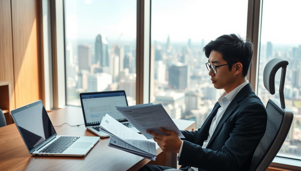 A well-lit office interior with a wooden desk, modern ergonomic chair, and a large window overlooking a bustling city skyline. In the foreground, a young, focused Japanese professional in a crisp suit examines a stack of resumes, their expression determined and thoughtful. In the middle ground, a laptop displays job listings, some marked as "non-public". The background evokes a sense of opportunity and growth, with the city's skyscrapers and infrastructure hinting at the hidden job market waiting to be tapped. The lighting is warm and natural, creating a professional yet aspirational atmosphere.