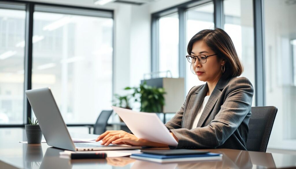 A well-lit office scene featuring a middle-aged Japanese woman working intently at her desk. She is dressed professionally, wearing a smart blazer and looking focused as she reviews documents and types on her laptop. The office is modern and minimalist, with large windows that let in plenty of natural light. The woman's expression conveys a sense of confidence and competence, reflecting her experience and qualifications. The overall mood is one of productivity and success, showcasing how a single mother can leverage her skills and credentials to find a fulfilling career.