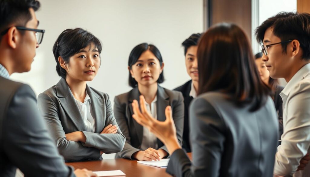 A well-lit office scene with a group of young Japanese-looking professionals gathered around a conference table, engaged in a thoughtful discussion. In the foreground, a woman in a smart blazer gestures as she outlines the pros and cons of full-time employment, her expression serious yet insightful. The middle ground features colleagues listening intently, their faces a mixture of contemplation and curiosity. The background is softly blurred, hinting at the broader corporate environment. The lighting is natural, with warm tones casting a professional and contemplative atmosphere. The overall tone is one of meaningful dialogue, capturing the nuances of the merits and drawbacks of becoming a salaried employee.