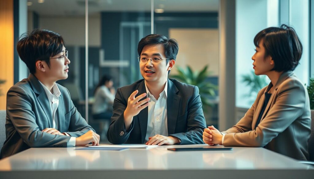 A well-lit office scene with three young Japanese-looking professionals sitting around a table, engaged in a serious discussion. The middle figure, sitting upright, gestures animatedly while the other two listen attentively. Soft, warm lighting illuminates their faces, conveying a sense of focus and determination. The background is slightly blurred, emphasizing the individuals and their interaction. The overall mood is one of thoughtful contemplation, as they strategize and prepare for an important job interview.