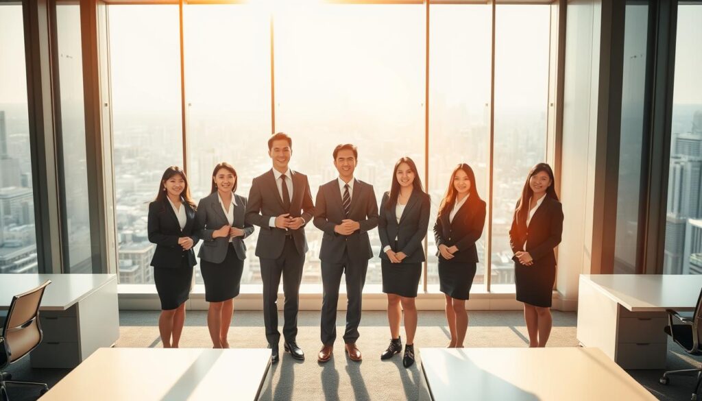 A well-lit office setting, with a group of young Japanese professionals in business attire standing in the foreground. They exude a sense of confidence and ambition, their expressions conveying a determination to take the next step in their careers. The middle ground features sleek, modern desks and chairs, while the background showcases a panoramic view of a bustling city skyline, hinting at the expansive opportunities that await. The lighting is warm and inviting, creating a sense of optimism and opportunity. The overall atmosphere evokes the excitement and potential of a new chapter in one's professional life.