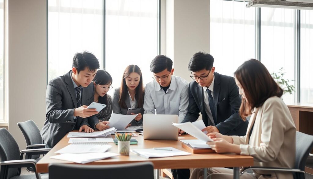 A well-lit office setting with a group of young, professional-looking Japanese individuals gathered around a table, intently studying documents and digital devices. The scene conveys a sense of focused research and information gathering, with a palpable air of determination as they explore the prospects of transitioning from public service to private-sector employment. Soft, natural lighting filters in from large windows, casting a warm, contemplative glow over the proceedings. The overall mood is one of earnest inquiry and strategic planning, capturing the essence of the "Concrete Approach to Job Hunting" section of the article.