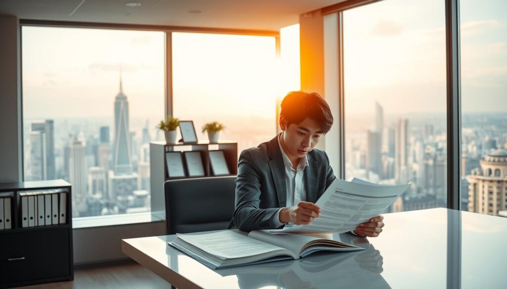 A well-lit office setting with a large window overlooking a bustling city skyline. In the foreground, a young Japanese-looking professional sits at a sleek, minimalist desk, intently studying career planning documents. Their focused expression conveys a sense of determination and ambition. The middle ground features shelves of relevant books and certificates, hinting at their expertise and qualifications. In the background, the city landscape is bathed in warm, golden light, symbolizing the bright future and new opportunities that await after a career transition. The overall mood is one of thoughtful introspection and anticipation for the next chapter.