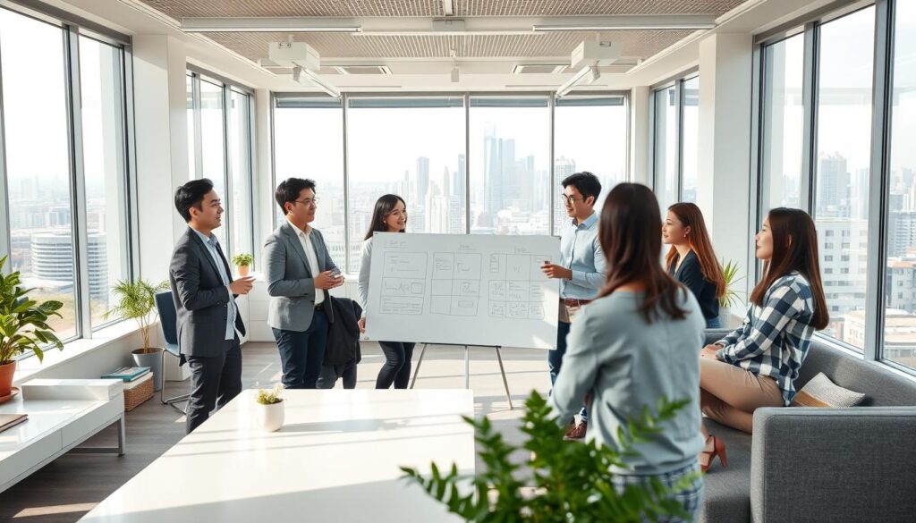 A well-lit office space with large windows, modern furniture, and clean lines. In the foreground, a group of young Japanese-looking professionals engaged in lively discussions, their faces expressing a mix of satisfaction and collaboration. The middle ground showcases a team brainstorming session, with colleagues standing around a large whiteboard, sharing ideas. In the background, a panoramic view of the city skyline, conveying a sense of urban dynamism. The overall scene radiates an atmosphere of productivity, work-life balance, and employee engagement.