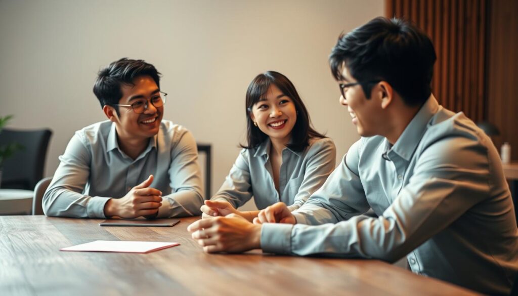 A well-lit, realistic scene of three young, Japanese-looking professionals - two men and one woman - sharing their personal stories of overcoming challenges and finding success through career transitions. The subjects are seated around a wooden table, engaged in a lively discussion, their expressions conveying a sense of pride and accomplishment. The background is blurred, placing the focus on the individuals and their empowering testimonies. Subtle, warm lighting creates a cozy, intimate atmosphere, inviting the viewer to immerse themselves in these inspiring tales of career transformation.