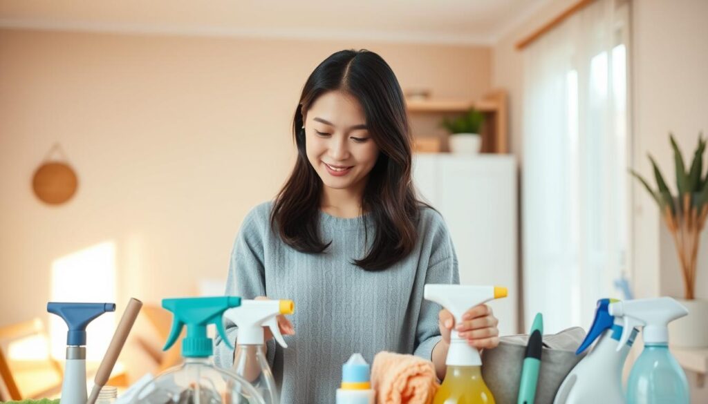 A well-organized and efficient household, with a young Japanese woman in the foreground thoughtfully arranging household items. The middle ground showcases various cleaning and organizational tools, conveying a sense of productivity and streamlined domesticity. The background features a warm, minimalist living space, bathed in soft, natural lighting that creates a calming, harmonious atmosphere. The woman's expression exudes a sense of control and contentment, reflecting the effectiveness of her household management strategies. The overall scene promotes the idea of work-life balance and practical solutions for single mothers juggling careers and childcare.