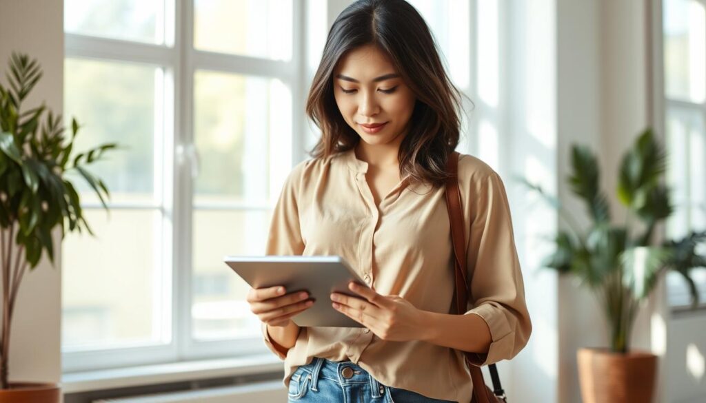 A young, Japanese-looking single mother, dressed casually in a blouse and jeans, stands in a bright, airy room, contemplating her career options. Soft, natural lighting filters through large windows, casting a warm glow on her pensive expression. She holds a tablet in her hands, browsing through job listings, her brow furrowed as she considers the possibilities before her. The scene conveys a sense of quiet determination and the desire to find a fulfilling career that fits her lifestyle and family responsibilities.