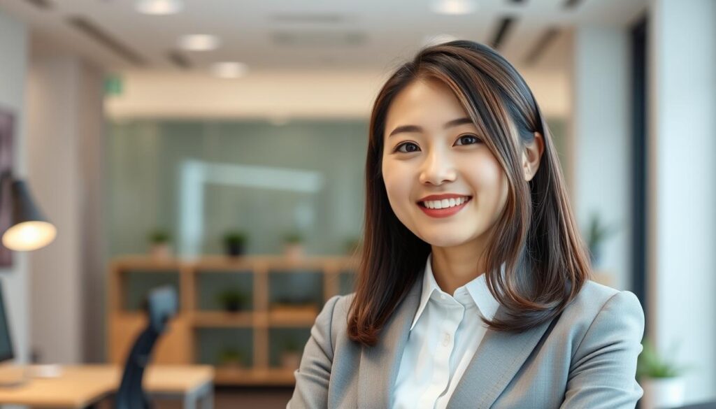 A young, professional-looking Japanese woman, with a confident yet caring expression, standing in a well-lit office setting. She is dressed in a neat, business-attire, conveying a sense of authority and responsibility. The background features a clean, modern workspace with subtle details that suggest a corporate environment. The lighting is soft and flattering, highlighting the subject's features and creating a warm, welcoming atmosphere. The overall impression is one of a capable, hardworking single mother who has found a fulfilling career as a full-time employee, balancing her personal and professional life with grace and determination.