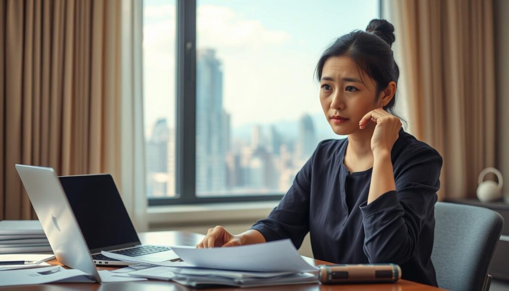 A young, single Japanese mother carefully considers her career options, weighing the demands of work-life balance. In the foreground, she sits at a desk, brow furrowed in deep thought, surrounded by scattered papers and a laptop. The middle ground depicts a lively city skyline, hinting at the diverse job opportunities available. Soft, natural lighting illuminates the scene, creating a contemplative atmosphere. The model's expression conveys the gravity of her decision, as she seeks to find the right fit for her family's needs and her own aspirations.