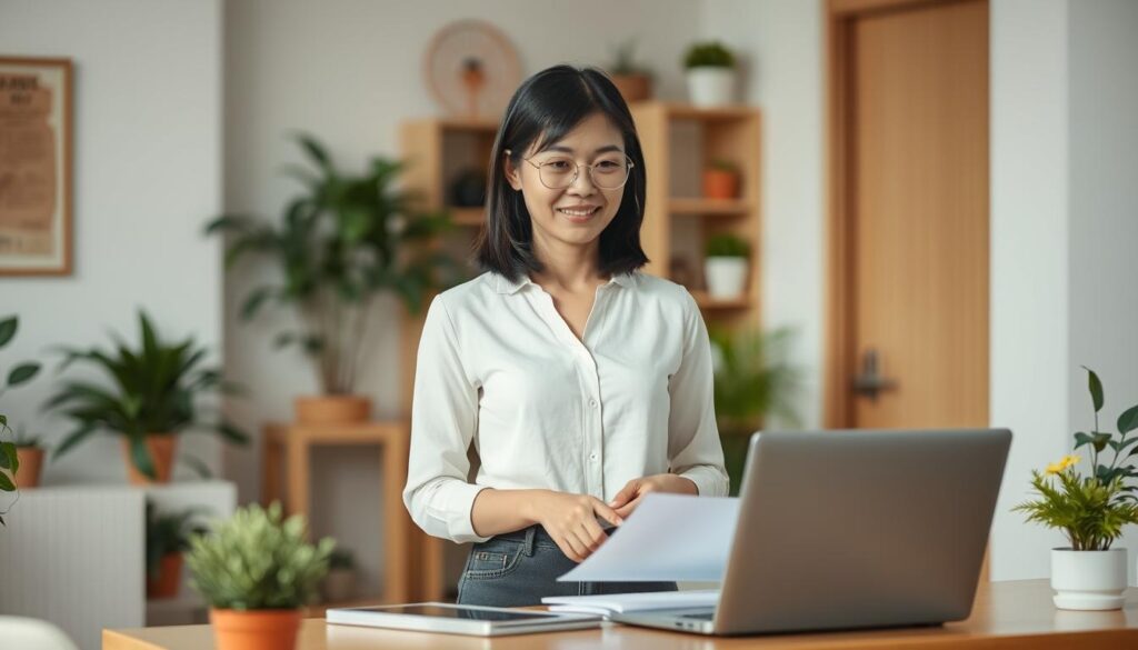 A young, single Japanese mother earnestly searching for a job that fits her lifestyle. She stands in a well-lit office, surrounded by potted plants and tasteful decor, her expression focused yet hopeful. In the middle ground, a laptop and neatly organized documents hint at her diligent research. The background softly blurs, conveying a sense of quiet contemplation as she considers her options, determined to find the right work-life balance.