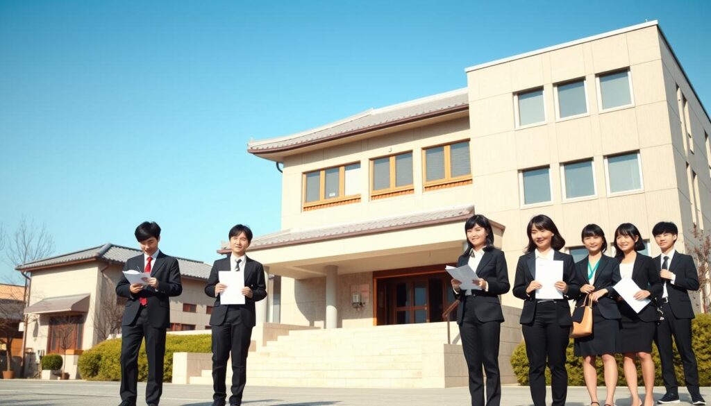 An office building with a traditional Japanese architectural style, set against a backdrop of a clear blue sky. In the foreground, several young Japanese-looking individuals in formal business attire stand in various poses, representing the different types of civil service examinations. They hold documents and discuss intently, conveying the seriousness and preparation required for these competitive tests. The scene is lit by natural, diffused light, creating a sense of professionalism and focus. The overall atmosphere suggests the gravity and importance of the civil service examination process in Japanese society.