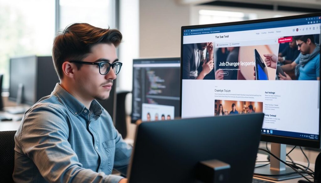 IT・Web業界への転職を目指す20代がプログラミングコードを確認しながら転職サイトを閲覧している様子
