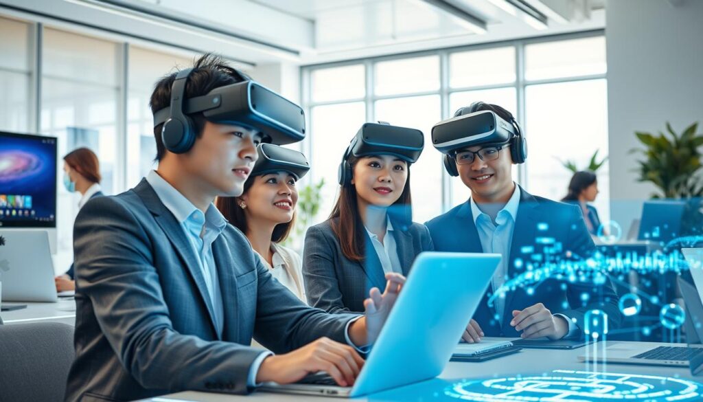 a hyper-realistic photographic scene of a team of young Japanese-looking professionals using advanced holographic displays, virtual reality headsets, and other cutting-edge technologies in a sleek, minimalist office environment. The workspace is flooded with natural light, creating a bright and airy atmosphere. The models have a focused, determined expression as they collaborate on innovative projects. The scene conveys a sense of excitement and optimism about the future of the consulting industry, with the latest technological advancements seamlessly integrated into their workflow.