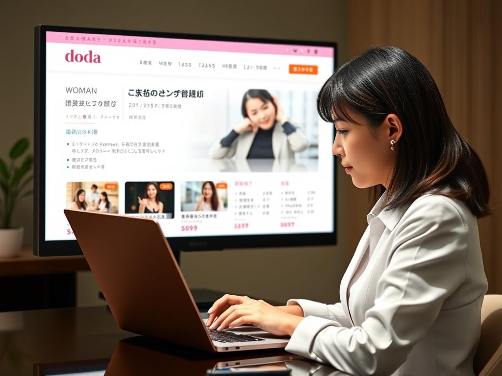doda Woman Careerのウェブサイト画面と利用する女性